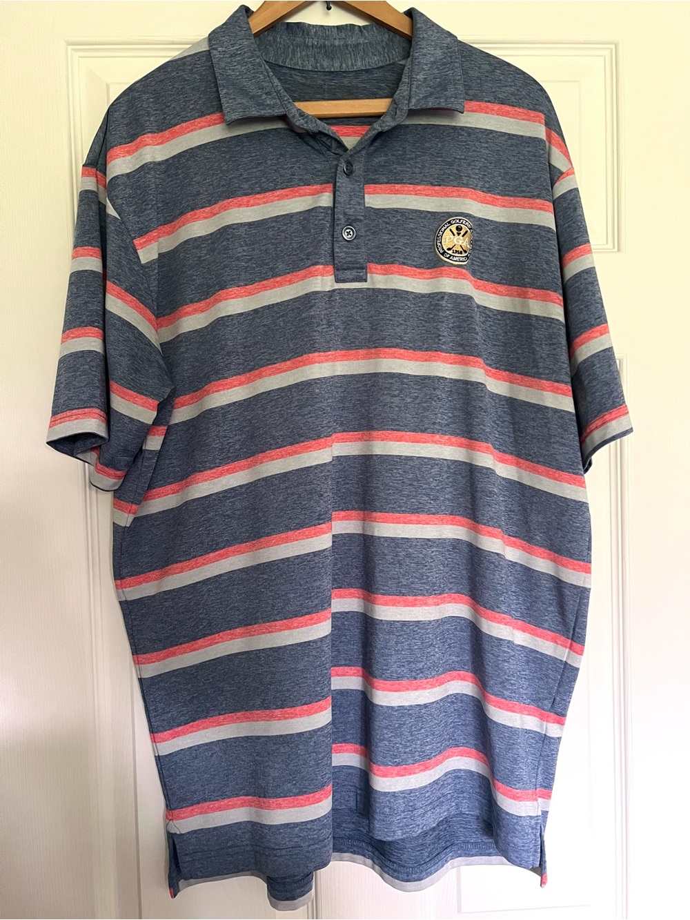 PGA Callaway Men's Blue Striped Golf Shirt with Coral and Light Gray Accents